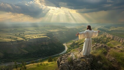 Obraz premium Jesus Standing on a Cliff Overlooking a Sunlit Valley
