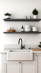 Minimalist kitchen sink, black faucet, white cabinets, and wooden countertop, showcasing modern design and a clean aesthetic. 