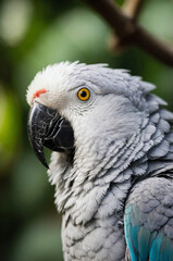 Obraz premium Grey parrot with striking yellow eyes in the tropical forest