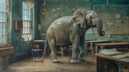 An elephant stands in a classroom with brown, green and grey tones, a surreal and thought-provoking image for a concept of change and disruption. 
