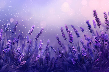 Naklejka premium Purple lavender flowers, soft pink and blue background, romantic floral design, perfect for spring and summer projects. 