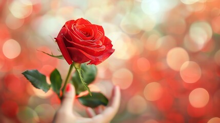 Emotions in Bloom: Person Holding Vibrant Red Rose Signifying Love and Gratitude with Softly Blurred Background for Romantic Concept