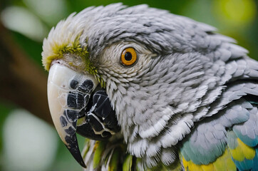 Obraz premium Grey parrot with striking yellow eyes and grey feathers