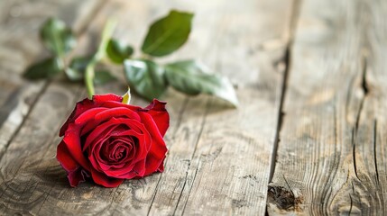 Passionate Love: Red Rose on Rustic Wooden Surface - Romantic Concept with Copyspace for Anniversaries and Declarations of Affection