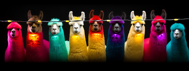 Colorful Llamas illuminated by Christmas lights,  a festive and whimsical celebration of the holiday season. 
