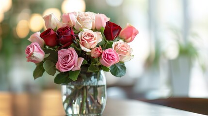 Elegant Bouquet of Pink and Red Roses in Glass Vase for Interior Decoration