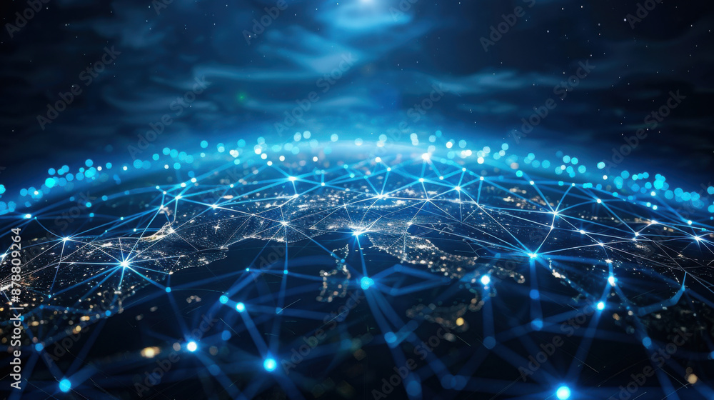 Poster illustration of global network connections with bright blue lines and nodes representing global comm