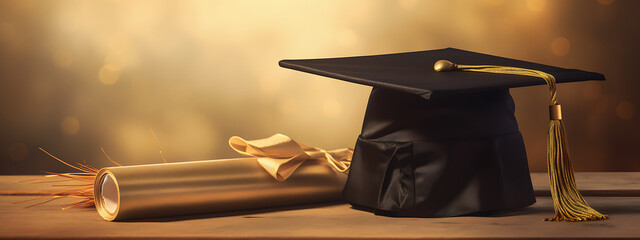 Black graduation cap, gold tassel, and diploma roll on wooden table,  celebrating achievement and success. 
