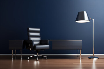 Modern minimalist office interior with black leather chair, desk, and lamp in navy blue room. 
