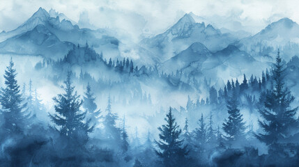 Mystical misty forest landscape with pine trees and mountains in foggy blue colors. Watercolor hand drawn vector