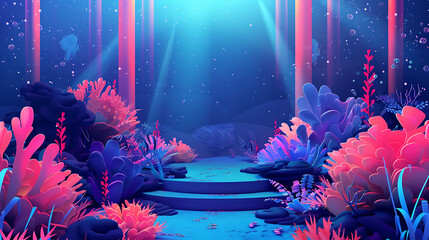Neon blue, pink, and purple coral reef with a platform, perfect for fantasy and underwater themed designs. 
