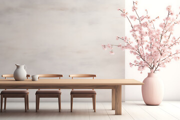 Minimalist wooden dining table with pink cherry blossoms and a pink vase,  evoking a serene spring atmosphere. 
