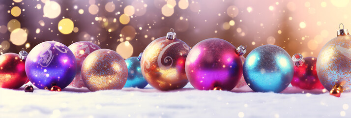 Sparkling Christmas ornaments in gold, purple, and blue  on a snowy background with bokeh lights. 
