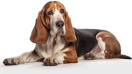 A brown, white, and black basset hound dog lays on a white background, conveying a sense of calm and companionship, perfect for pet-related projects. 
