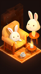Two cute white bunnies in a cozy living room with warm yellow and orange tones, perfect for a relaxing evening at home. 
