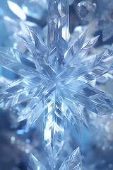 A delicate snowflake with intricate details,  blue, white, and silver,  a winter wonderland,  evoking a sense of peace and tranquility. 
