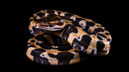 Obraz premium A beautiful snake with black, orange and white scales on a black background, a close-up image of a snake's skin, perfect for wildlife and nature projects. 
