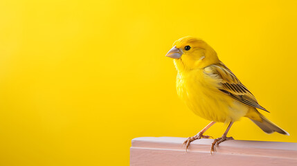 Yellow Canary Bird on a Pink Surface against a Yellow Background,  Springtime Joy and Happiness. 

