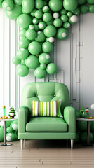 Green, white, and brown minimalist interior design with a comfortable armchair and balloons for a fresh and inviting home. 
