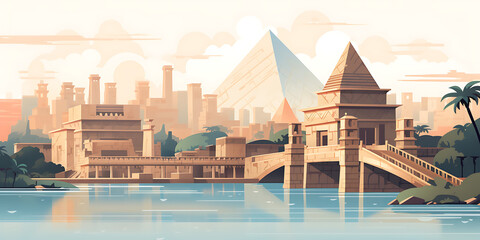 Obraz premium Ancient Egyptian city with blue water, beige buildings, and green palm trees, depicting a historical and mystical setting. 