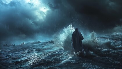 Fototapeta premium Jesus Walking on Water During a Stormy Night with Disciples in a Boat