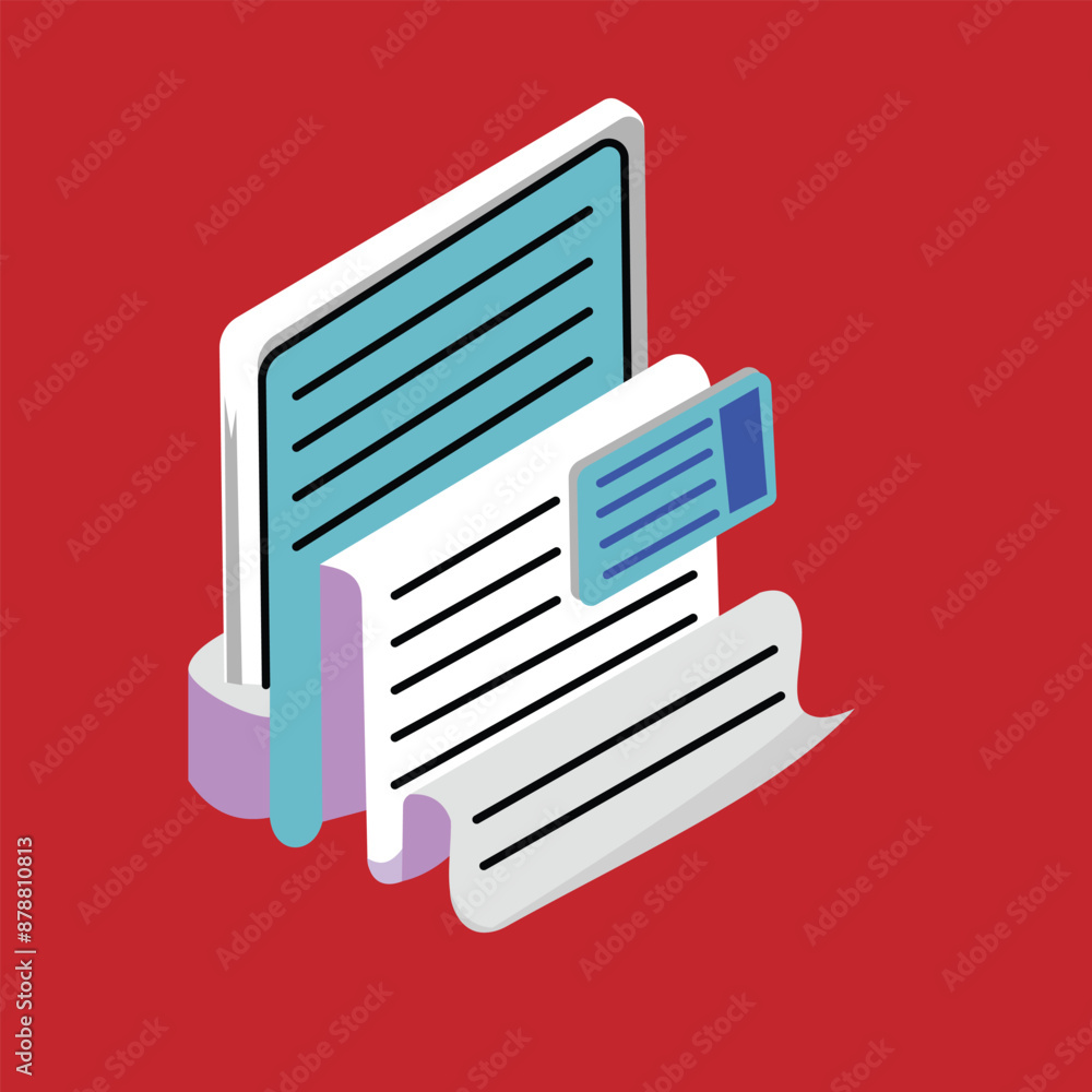 Poster document isometric icon, isolated on red background, designed for web and app. press equipment desig
