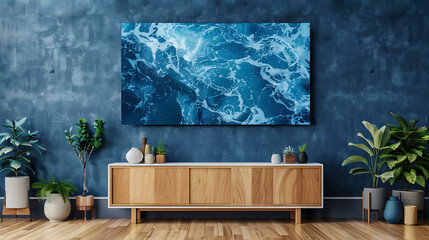 Blue, white, and wood,  a modern interior design with a  ocean-inspired canvas, evoking a sense of tranquility and relaxation. 
