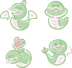 かわいいヘビの水彩イラストセット　巳年　巳　年賀状2025　手描き　蛇　へび年