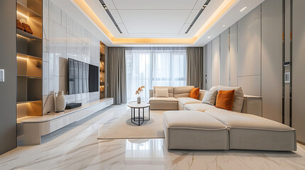 Naklejka premium White, gray and orange modern living room interior design, showcasing a sectional sofa, a coffee table and a large flat screen TV. 