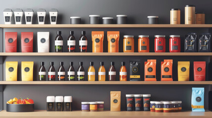 Neatly arranged shelf displaying a variety of food products and packaging, emphasizing organization and variety in a modern setting.