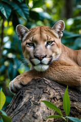 Obraz premium Cougar lying on tree branch in the dense and wet rainforest