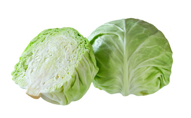 Whole and half green cabbage isolated on white background.