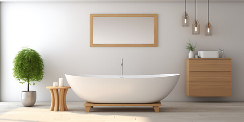 Minimalist bathroom design with white bathtub, wooden accents, and green plant, showcasing modern bathroom style and tranquility. 
