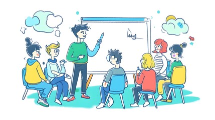 Group of people attentively watching a person presenting in front of flipchart