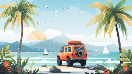 Orange SUV parked on a tropical beach with palm trees, mountains, and sailboats in the background, under a sunny sky.