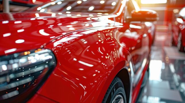 Red car front fender close-up in showroom with bright lights