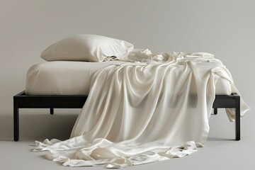 A set of luxury bed linens draped elegantly on a minimalist bed frame