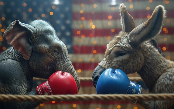 Generative AI of Impactful Art of Elephant and Donkey in a Fierce Boxing Match concept for Political Debate Dynamics, US Election Symbolism, and Partisan Conflict