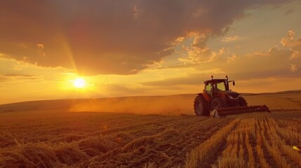 Fototapeta premium Tractor working field at sunset with golden sky