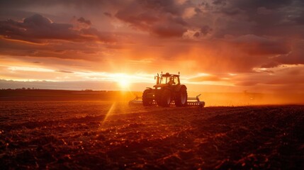 Fototapeta premium Tractor working field at sunset