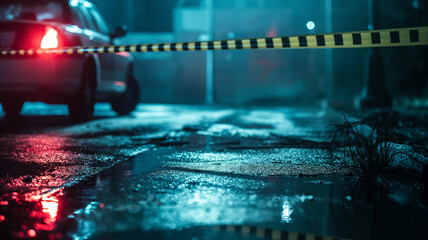 In the silence of the night, a mysterious crime scene emerges, complete with police tape, a patrol car, and a haunting cityscape with reflections, creating an atmosphere of suspense and intrigue