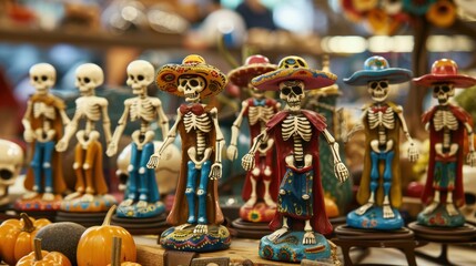 Colorful skeleton figurines displayed at a mexican market