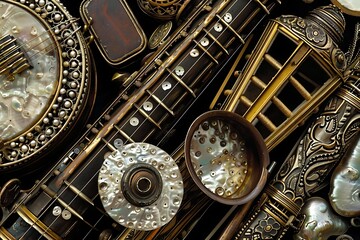 A set of musical instruments, each inlaid with mother-of-pearl buttons
