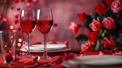 Valentine day romantic dinner table setting with beverages