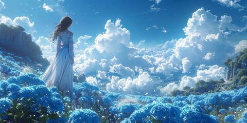 青い紫陽花と空と白い雲