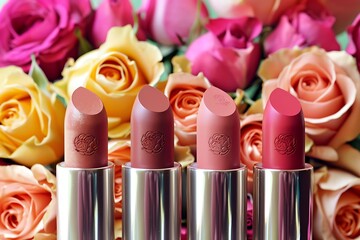A set of organic lipsticks with a background of vibrant, blooming roses