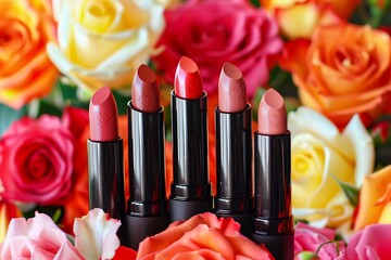 A set of organic lipsticks with a background of vibrant, blooming roses