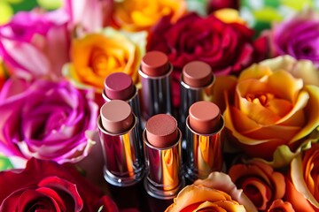 A set of organic lipsticks with a background of vibrant, blooming roses