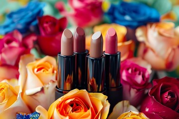 A set of organic lipsticks with a background of vibrant, blooming roses