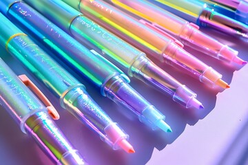 A set of pastel highlighters with a vaporwave aesthetic, casting a holographic sheen on the page